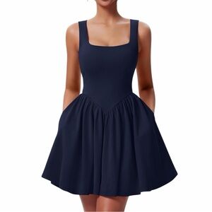 Navy blue A-Line Mini Dress Square Neck Sleeveless Fit & Flare Summer Dress